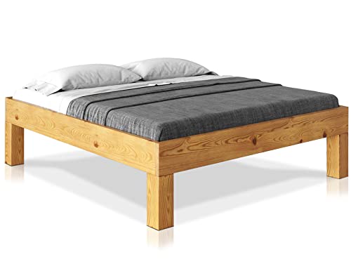 moebel-eins CURBY 4-Fuß-Bett ohne Kopfteil, Material Massivholz, rustikale Altholzoptik, Fichte, 90 x 200 cm, Natur, Komforthöhe von moebel-eins
