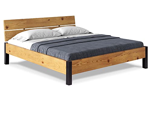 moebel-eins CURBY Bett Metallfuß, mit Kopfteil, Material Massivholz, rustikale Altholzoptik, Fichte, 160 x 220 cm, Natur von moebel-eins
