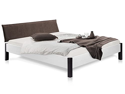 moebel-eins LUKY Bett Metallfuß, mit Polsterkopfteil, Material Massivholz, Fichte massiv, 120 x 220 cm, Weiss, Stoff Braun von moebel-eins