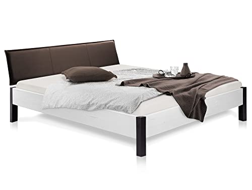 moebel-eins LUKY Bett Metallfuß, mit Polsterkopfteil, Material Massivholz, Fichte weiß lackiert, 160 x 220 cm, Kunstleder Braun von moebel-eins