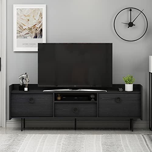 moebel17 TV-Schrank, Fernsehtisch,TV Lowboard,TV Tisch,Sideboard,Büsra TV Board stehend, Schwarz mit Holz Optik, Holz, mit Türen viel Stauraum, für Wohnzimmer, Designerstück,184 x 63 x 37 cm, 9215 von moebel17