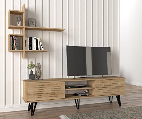 moebel17 9321 Fred Wohnwand Anbauwand TV Lowboard Wohnzimmerschrank, Eiche Schwarz, Holz, Hängeregal mit Schrank, viel Stauraum 180 x 51 x 35 cm von moebel17