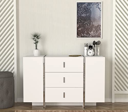 moebel17 9413 Veyron Kommode Sideboard Flurschrank Mehrzweckschrank, 2 Türen und 3 Schubladen, Holzoptik, mit Geflecht Muster, Weiß Silber, Metall Griffe, 120 x 78 x 44 cm von moebel17