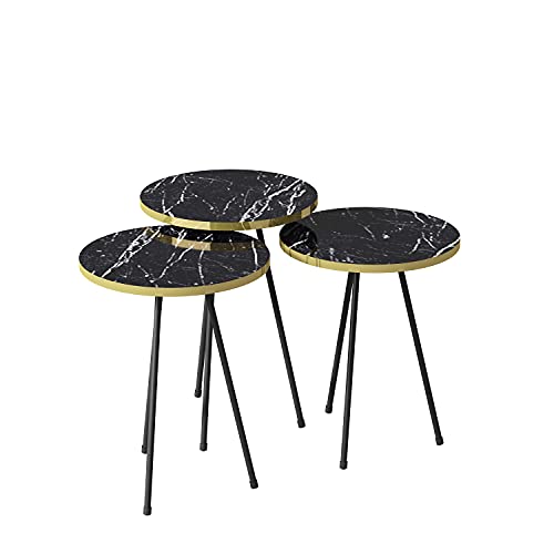 moebel17 Beistelltisch 3 er Set rund 38 cm Durchmesser, Höhe 46, 49, 52 cm- Satztisch Metallgestell, Telefontisch Couchtisch, Wohnzimmertisch Tisch, Schwarz, Marmoroptik, Schwarze Füße, 6160 von moebel17