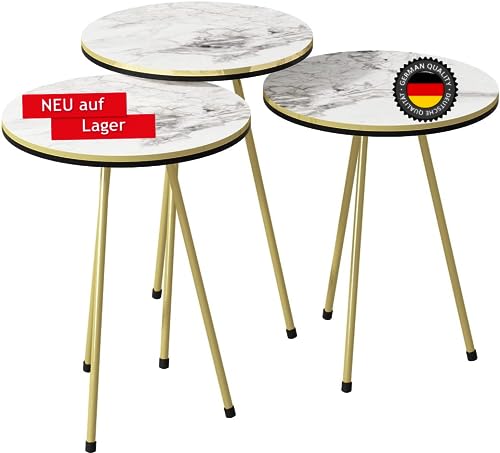 moebel17 Beistelltisch 3er Set rund 38 cm Durchmesser, Höhe 46, 49, 52 cm - Kaffeetisch Satztisch Metallgestell, Wohnzimmertisch Kaffee Tisch, Weiß, Marmoroptik, goldene Füße, 6221 von moebel17