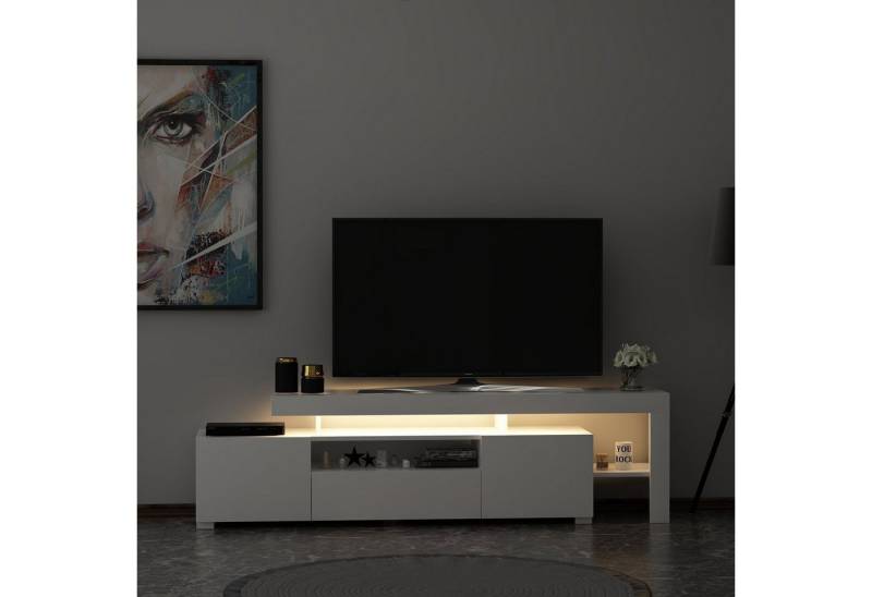 moebel17 TV-Regal TV Lowboard Weiß mit LED Beleuchtung Hochglanz 904, modernes TV Lowboard in Weiß mit kratzfester Melaminschicht. von moebel17
