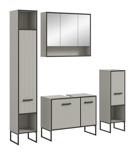 Badezimmer-Set >Bagno< in Kaschmir Nachbildung 4 Türen 3 Spiegeltüren 8 Einlegeböden Badezimmer, Hauswirtschaftsraum Front in trendiger Rillenoptik FSC-zertifzierter Holzwerkstoff 170x192x36 (BxHxT) von möbelando