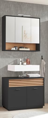 Badezimmer-Set >Liguria< 2-tlg. Set mit Spiegelschrank inkl. LED-Beleuchtung & Waschbeckenunterschrank, B/H/T: 80/191/40 cm, Anthrazit & Eiche, Melamin, FSC, Stangengriffe schwarz matt, zerlegt von möbelando