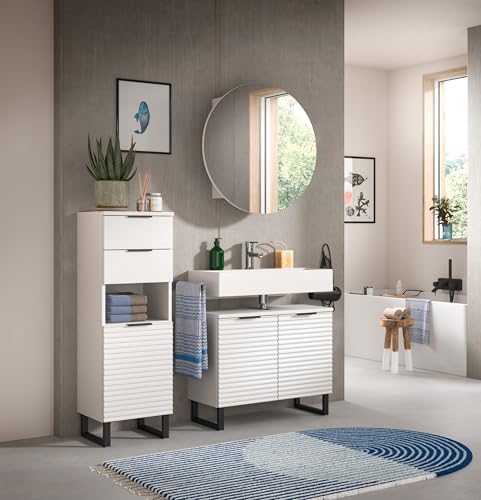 Badezimmer-Set >Riff< modern, mit Rillenoptik, weißer Spanplatte, Kufenfüßen, FSC®-Zertifiziert, 3-teilig mit Spiegelschrank, 120x193x34 cm, inkl. Aufbauanleitung von möbelando