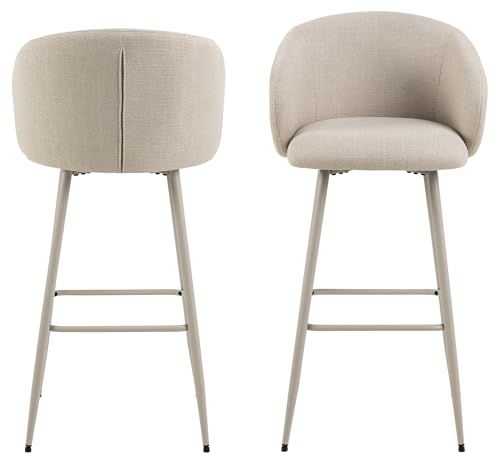 Barhocker >Eleanor< im 2er-Set, mit beigem Stoffbezug, pulverbeschichtetem Stahlgestell in grau-beige, mit Armlehnen und Fußstütze, Sitzhöhe 78 cm, belastbar bis 110 kg, 54x105x52 (BxHxT). von möbelando