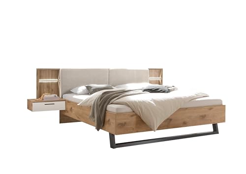 Bettanlage >Daria< Viking Oak hell / Weiß, 180x200 cm Liegefläche, gepolstertes Kopfteil in Cordoptik Beige, Beleuchtung, inkl. Nachtkommoden, zerlegt, modernes Design, 297,6x98,8x222,4 (BxHxT). von möbelando
