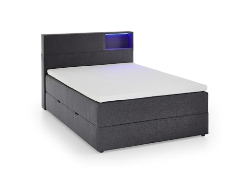 Boxspringbett >Caja< Liegefläche 120x200 cm Anthrazit mit LED-Beleuchtung, Stauraum und Bonnell-Federkernmatratze ? modernes Boxspringbett mit Topper und Bettkästen, Stellmaß: 127x111x216cm (BxHxT). von möbelando