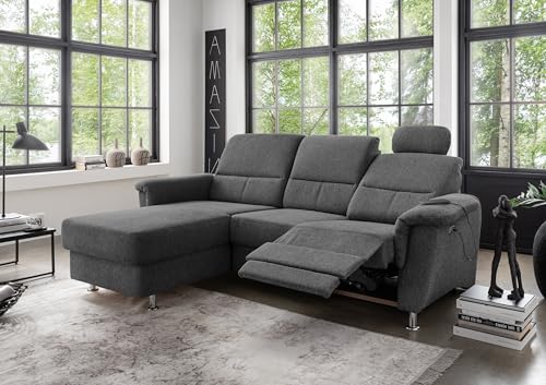 Ecksofa >Ludwigshafen< mit Relaxfunktion & Bettkasten, robustem Bezug in Corto Anthrazit, Kopfstütze, Chromoptik-Füßen & platzsparender Stellkombination RECBK-1-1RLXKS von möbelando