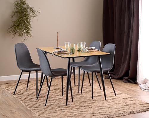 Essgruppe >Wilma< 5-teilig, mit eckigem Tisch, Wildeiche Dekor & 4 Schalenstühlen, Stoffbezug dunkelgrau ? stabiles Stahlgestell, platzsparend, modern, Esstisch 120x75x80 / Stuhl 44,5x86x56cm. von möbelando