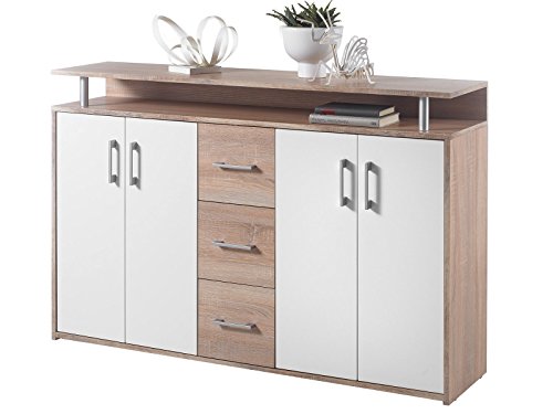 möbelando Highboard Anrichte Standschrank Sideboard Kommode Beistellschrank Flur Delia I Sonoma-Eiche hell/Weiß von möbelando