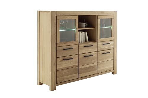 Highboard >SILIAS< Elegantes Highboard aus massiver Wildeiche mit Glas- und Holztüren, 3 Schubladen, optionaler Beleuchtung, FSC-Zertifiziert, Maße: 172x140x45 cm von möbelando
