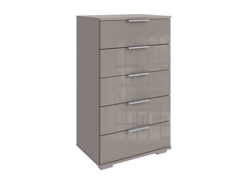 Hochkommode >Easy Plus< Saharagrau mit 5 Schubladen aus Glas, 49x102x41 cm, moderner Stil für Schlafzimmer, Made in Germany, langlebig, stabil, zerlegt geliefert, pflegeleicht, praktischer Stauraum von möbelando