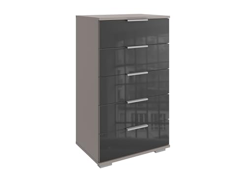 Hochkommode >Easy Plus< mit 5 Schubladen Glas Grey, Saharagrau Korpus, 49 cm Breite, 102 cm Höhe, 41 cm Tiefe, stabiler Spanplatten-Korpus, modernes Design, Made in Germany, zerlegt geliefert von möbelando