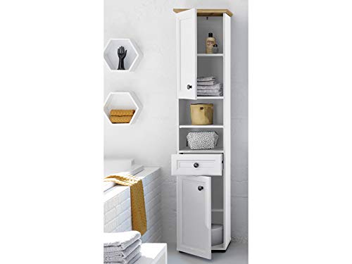 Hochschrank Badschrank Seitenschrank Badmöbel Handtuchschrank Bad Tomlin I Weiß/Artisan Eiche von möbelando