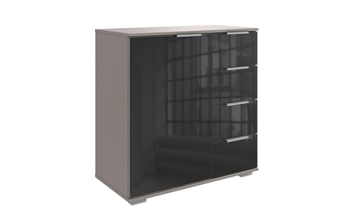 Kombikommode >Easy Plus< Saharagrau mit schwarzen Glas-Schubladen, 81 cm breit, 83 cm hoch, 41 cm tief. 4 Schubladen, 1 Drehtür. Modernes Design für Schlafzimmer. Made in Germany, zerlegt geliefert. von möbelando