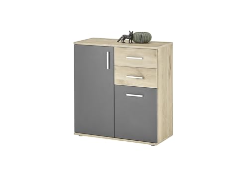Kommode >BC 1040< 80x84x35cm, Viking Oak Dekor/grau, 2 Türen, 2 Schubladen, 1 Einlegeboden, Melaminbeschichtung, Kugelauszüge, Silberne Stangengriffe, Möbelgleiter, robust, platzsparend, zerlegt Kommode >BC 1040< 80x84x35cm, Viking Oak Dekor/grau, 2 Türen, 2 Schubladen, 1 Einlegeboden, Melaminbeschichtung, Kugelauszüge, Silberne Stangengriffe, Möbelgleiter, robust, platzsparend, zerlegt von möbelando
