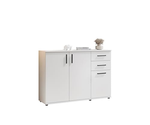 Kommode >BC 1040< weiß foliert mit 3 Drehtüren & 2 Schubladen, Stangengriffe schwarz, 120x84x35 cm ? Spanplatte, Kugelauszug, Möbelgleiter ? pflegeleicht & zerlegt geliefert. von möbelando