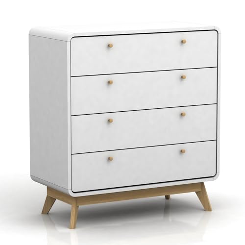 Kommode >Janne< Kommode Janne in Weiß mit 4 Schubladen und 4 Fächern, Füße in Eiche-Optik, 88 cm hoch, 80 cm breit, modern und funktional, inklusive Aufbauanleitung. von möbelando