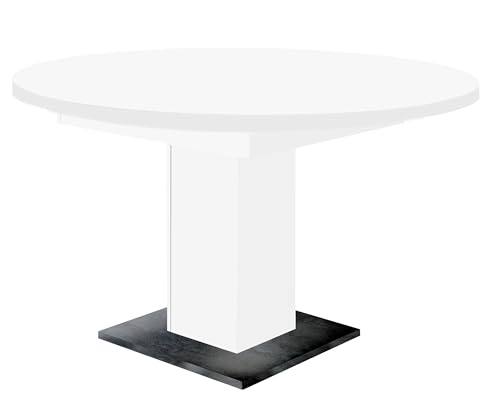 Kulissentisch >Judd< ausziehbar von 104 cm auf 144 cm, in weiß matt mit schwarzstahl Bodenplatte, elegantes Design und praktische Einlegeplatte, zerlegt geliefert, ideal für kleine Essbereiche von möbelando