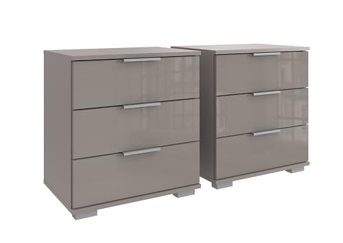 Nachtkommode >Easy Plus< 2er Set, mit 3 Schubladen in SAHARAGRAU, modern & funktional, Made in Germany, pflegeleichte Spanplatte, perfekt für Schlafzimmer, zerlegt geliefert, 52x58x38cm (BxHxT). von möbelando