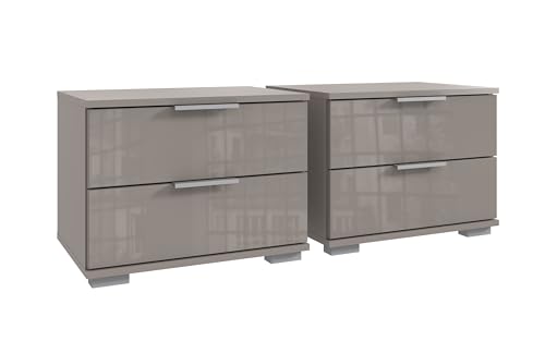 Nachtkommode >Easy Plus< 2er Set, modernes Design, je 2 Schubladen, Glasfronten in Saharagrau, Korpus in Saharagrau, Made in Germany, stabil, pflegeleicht, zerlegt geliefert, - 52x40x38cm (BxHxT). von möbelando
