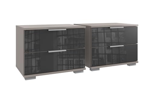 Nachtkommode >Easy Plus< 2er Set Saharagrau mit Glas Grey Schubladen, 52 cm Breite, 40 cm Höhe, 38 cm Tiefe, je 2 Schubladen, Made in Germany, modernes Design, zerlegt, für Schlafzimmer von möbelando