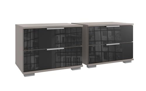 Nachtkommode >Easy Plus< 2er Set Saharagrau mit schwarzen Glas-Schubladen, 104 cm Breite, je 2 Schubladen, 38 cm Tiefe, modern für Schlafzimmer, Made in Germany, zerlegt geliefert von möbelando