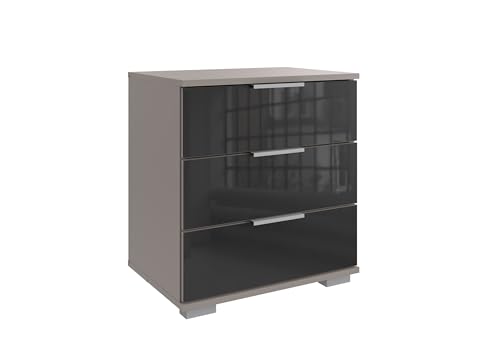 Nachtkommode >Easy Plus< 3 Schubladen in Saharagrau mit Glas-Schwarz Front, 52 cm breit, 58 cm hoch, 38 cm tief, modernes Design, Made in Germany, zerlegt geliefert, stabil und pflegeleicht. von möbelando
