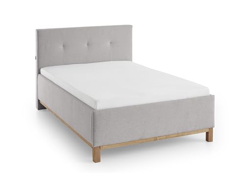 Polsterbett >Catania II< Liegefläche 140x200 cm Silber mit Kopfteil Steppung und Holzfüßen in Eiche ? modernes Bett für Jugendzimmer und Gästezimmer, Stellmaß: 148x110x214cm (BxHxT). von möbelando