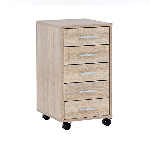 Rollcontainer Sonoma 33 x 63 x 38 cm Holz Schubladenschrank Schreibtisch | Büro Schrank mit 5 Schubladen | Container Rollschrank klein Standcontainer schmal | Schreibtischcontainer mit Rollen von möbelando