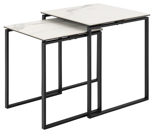 Satztisch >Katrine< 2er-Set, 50x50x55cm + 43x43x50cm, mit Glas-Keramik Tischplatten in Weiß Akranes und pulverbeschichtetem Stahlgestell in Schwarz matt ? modernes Design für Wohnzimmer von möbelando