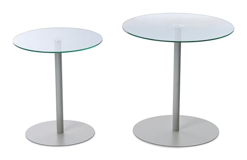 Satztisch >Lia< im 2er-Set mit klarem Glas und beigem Metallgestell ? modernes Design, Ø/H: 40/45 cm + Ø/H: 50/50 cm, platzsparend ineinander schiebbar, pflegeleicht & stabil von möbelando