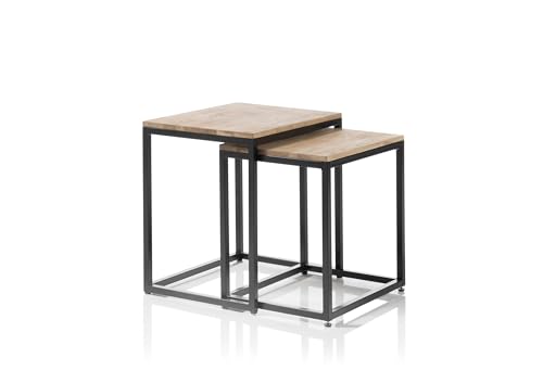 Satztisch >SAKURA< 2er Set 50x50x40cm + 45x45x37cm (B/H/T), aus massiv geölter Asteiche mit schwarzem Metallrahmen, modernes Design, platzsparend stapelbar, ideal für Wohnzimmer oder Lounge-Bereiche von möbelando