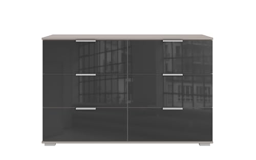 Schubkastenkommode >Easy Plus< Saharagrau mit Glas Grey Schubladen, 130 cm Breit, 83 cm Hoch, 6 Schubladen, 2 Türen, modern für Schlafzimmer, Made in Germany, pflegeleicht, zerlegt geliefert von möbelando