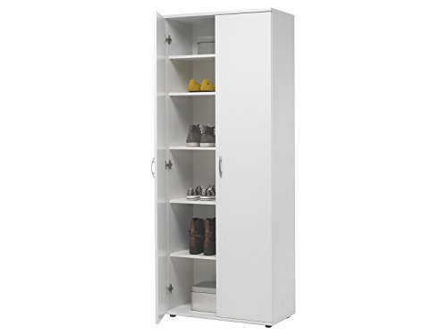 möbelando Schuhschrank 2 Türen 5 verstellbaren Einlegeböden für ca. 16-20 Paar Schuhe, Metallbeschläge, Flurschrank Garderobenschrank, Mehrzweckschrank, Schrank, 70 x 176 x 34 cm (B/H/T) weiß von möbelando