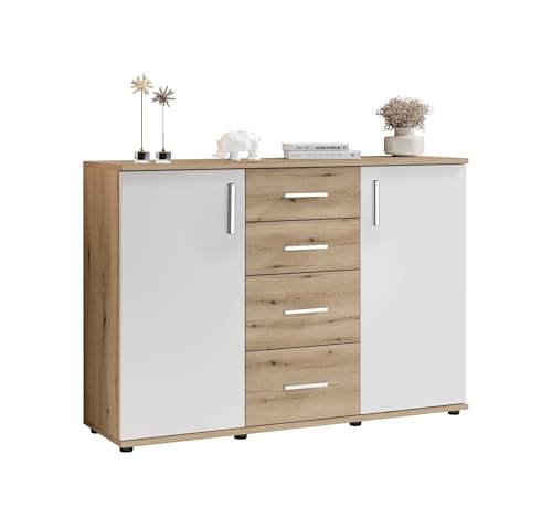 Sideboard >BC 1040< 120x83x35cm, Eiche Rustica Dekor/weiß, 4 Schubladen, 2 Drehtüren, 2 Einlegeböden, Foliert, Kugelauszug, Möbelgleiter, Stangengriffe, modern, robust, zerlegt. Sideboard >BC 1040< 120x83x35cm, Eiche Rustica Dekor/weiß, 4 Schubladen, 2 Drehtüren, 2 Einlegeböden, Foliert, Kugelauszug, Möbelgleiter, Stangengriffe, modern, robust, zerlegt. von möbelando