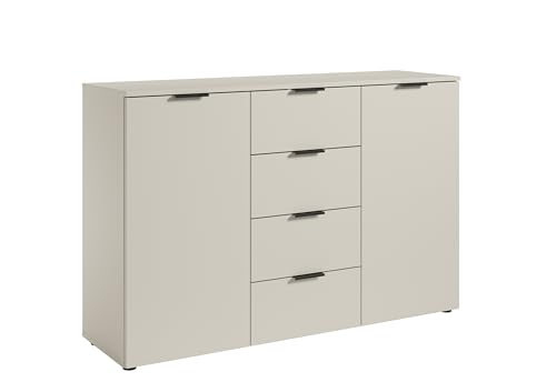 Sideboard >Linz< in Kaschmir, 4 Schubladen und 2 Türen, Melaminbeschichtung, Oberboden bis 10kg belastbar, 2 Einlegeböden, Kunststoffgriffe & Möbelgleiter, zerlegt geliefert, 135x90x40cm (BxHxT). von möbelando