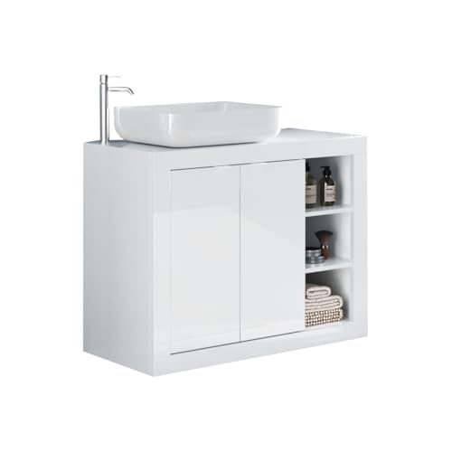 Waschbeckenunterschrank >Basic< Waschtisch-Unterschrank in Weiß Hochglanz mit Keramik Waschbecken ? Moderner Unterschrank für Ihr Badezimmer, 92 cm breit, 90 cm hoch, 47 cm tief von möbelando