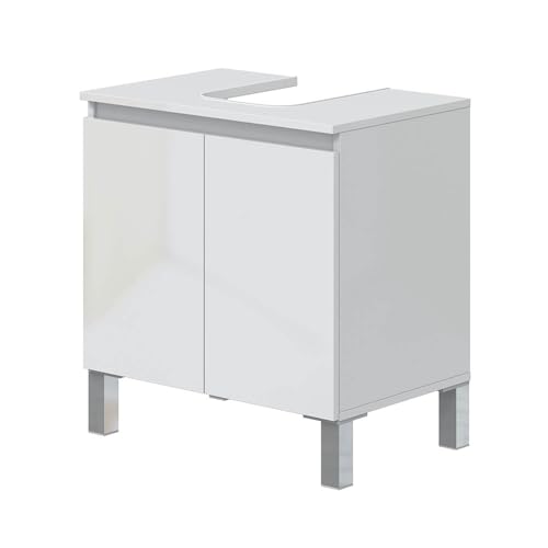 Waschbeckenunterschrank >DESTAL< Der Waschbeckenunterschrank DESTAL in glänzendem Weiß (B/H/T: 60x64x40 cm) überzeugt mit 2 Türen, Metallscharnieren und eloxierten Aluminiumfüßen. Zerlegt geliefert. von möbelando