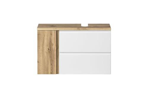 Waschbeckenunterschrank >Paris< Korpus in Wotaneiche-Dekor, MDF Fronten in matt-weiß, Griffmulde, 1 Klappe, 1 Metallauszug mit Softclose-Funktion, 85x54x35 cm (BxHxT), Siphonausschnitt rechts von möbelando