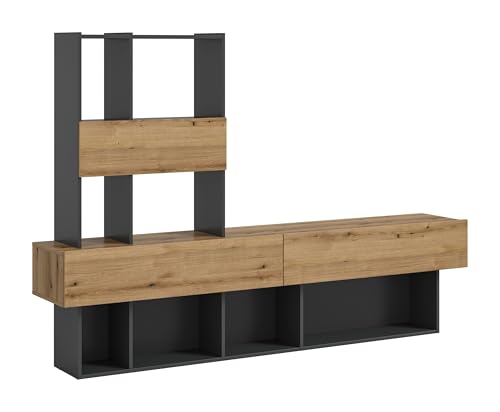 Wohnwand >Lennox< in Grau und Evoke Oak Dekor ? modernes Design mit Stauraumlösungen, 210 cm Breite, FSC®-Zertifiziert, inkl. Lowboard und Regal, ideal für Wohnzimmer & Apartments von möbelando