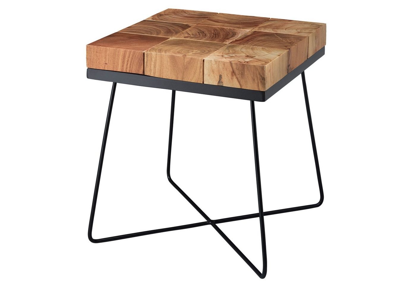 möbelando Beistelltisch Beistelltisch 45 x 45 x 51 cm Akazie Massivholz, Beistelltisch 45 x 45 x 51 cm Akazie Massivholz mit Metallgestell, Industrial Anstelltisch Quadratisch Massiv Holz Tisch Braun, Wohnzimmertisch Modern Holztisch mit Metallbeinen von möbelando