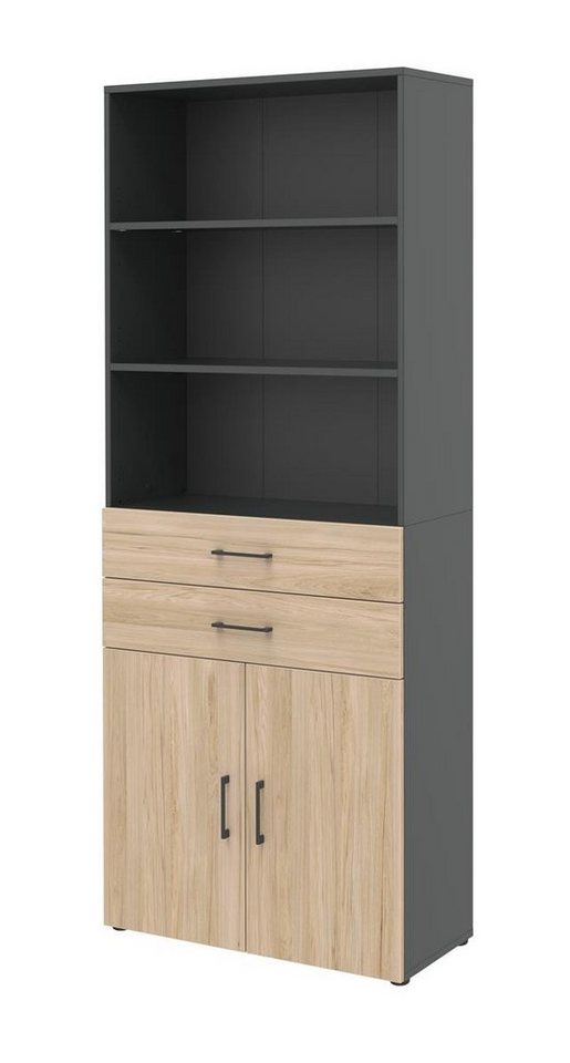 möbelando Aktenschrank 859 home.office by rb in 6 Ordnerhöhen mit 2 Türen, 2 Schubkästen und Regalaufsatz in 3 Ordnerhöhen mit Korpus in Anthrazit und Frontdekor in Hickory von möbelando