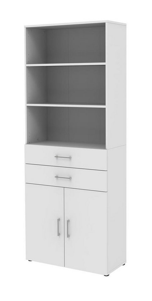 möbelando Aktenschrank 859 home.office by rb in 6 Ordnerhöhen mit 2 Türen, 2 Schubkästen und Regalaufsatz l in 3 Ordnerhöhen mit Korpus und Frontdekor in Weiß von möbelando