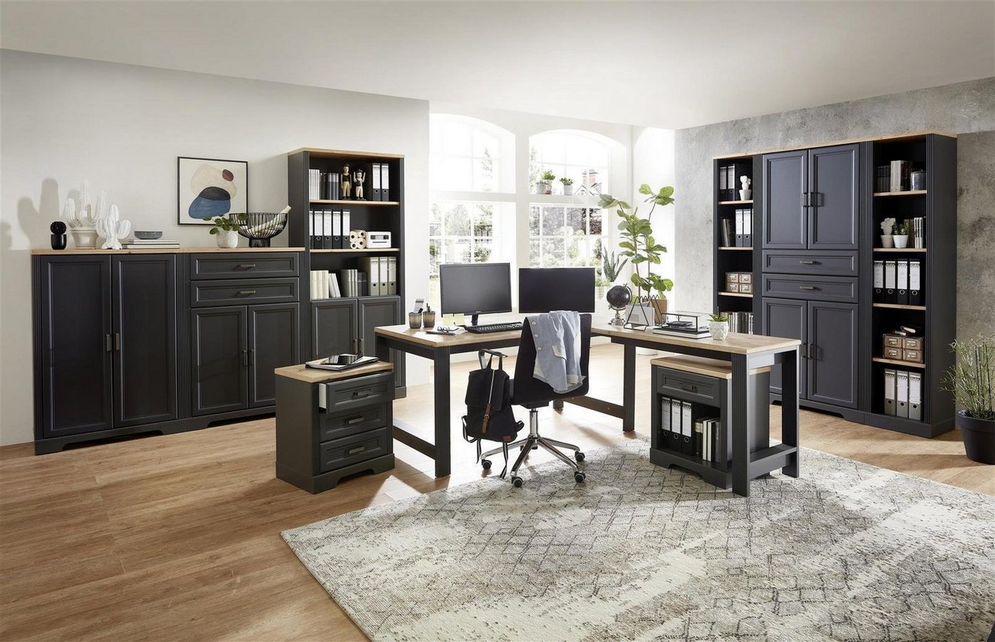 möbelando Aktenschrank Jasmin (10-St) Büro-Set im modernen Landhausstil in Graphit, Absetzungen in Artisan Eiche Nachbildung, Korpus aus Spanplatte, Front aus MDF mit 10 Holztüren, 8 Schubkästen, 6 Einlegeböden und 14 offenen Fächern. Individuelle Stellmöglichkeit von möbelando